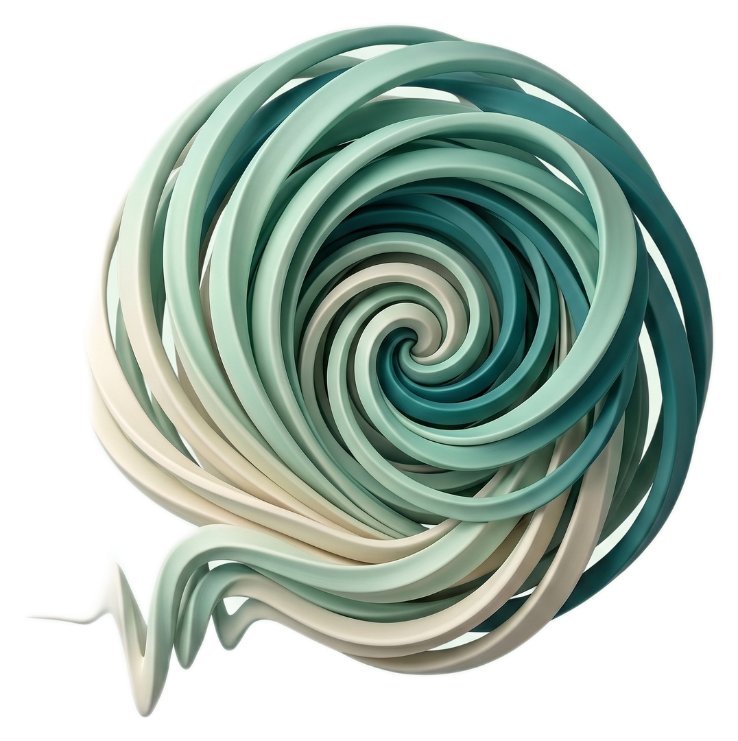 A voice made visible — intertwined strands of mint, sage and cream spiralling into a single point, then trailing off as a soundwave