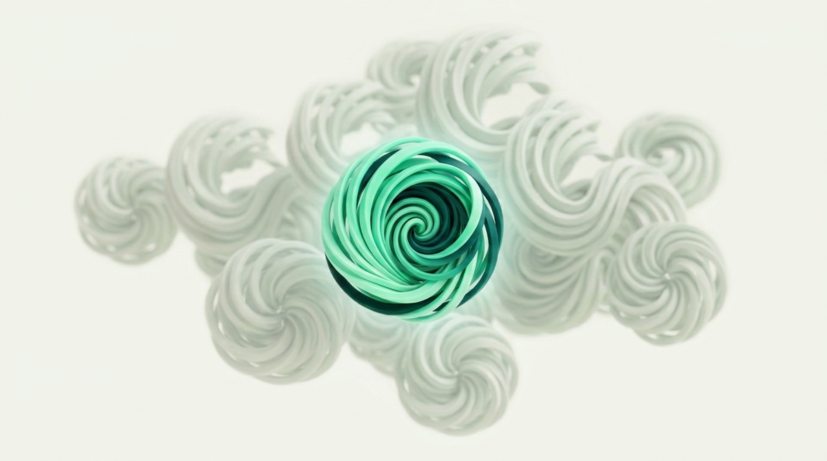Many near-identical pale swirls with one vivid mint-and-teal swirl in sharp focus — a voice that isn't average
